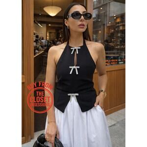 ZARA Blogger Fave Fitted Halter Top NWT | Bow Detail | Black
